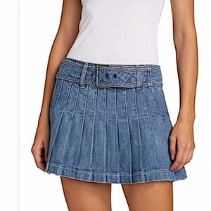 Alice + Olivia Mera Denim Pleated Mini Skirt with Buckle